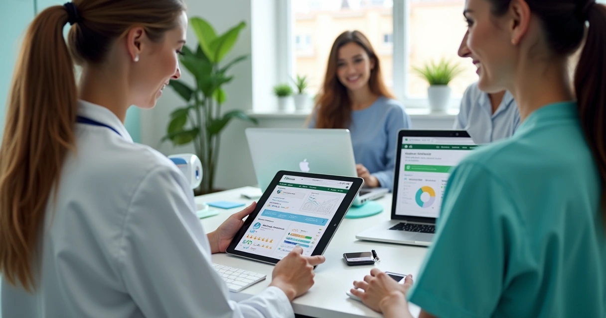 Clínica odontológica moderna com equipe usando tecnologia para marketing digital e atendimento humanizado 