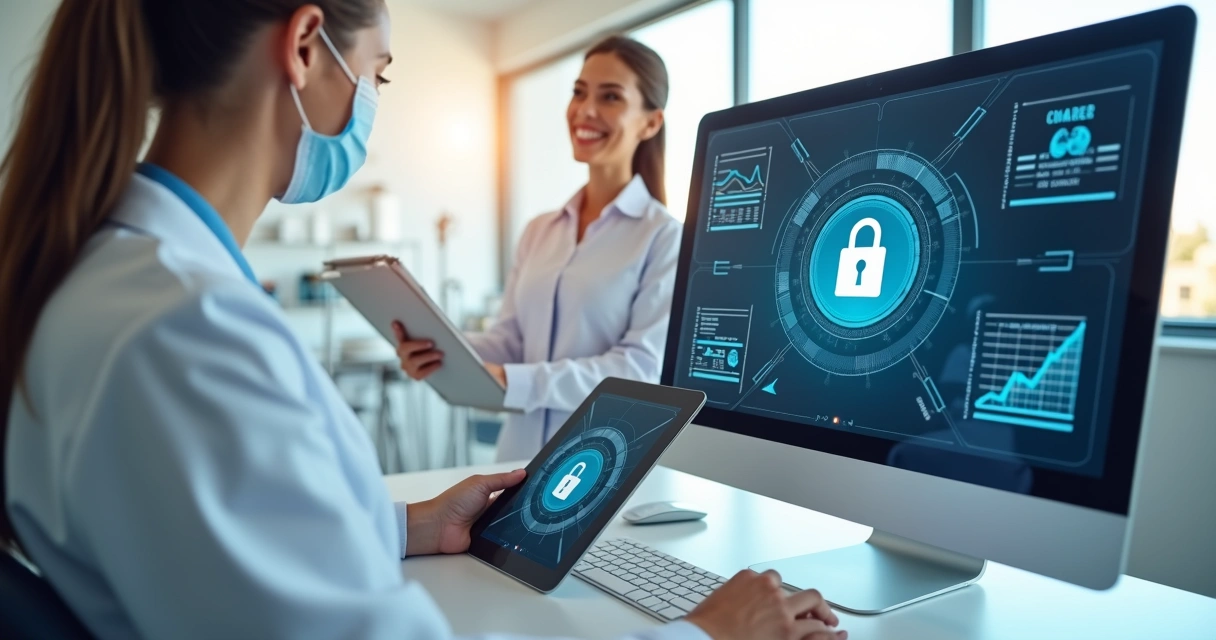 Dentista usando computador com software odontológico seguro em clínica moderna com equipe e ambiente organizado 