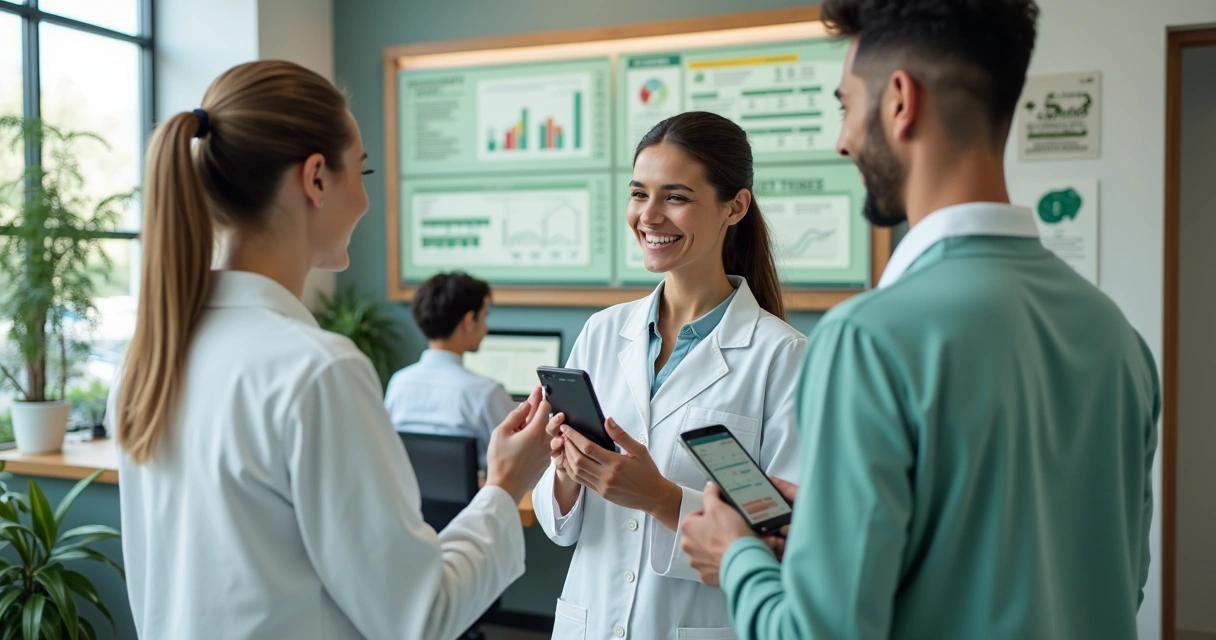 Recepção moderna de clínica odontológica com equipe usando tablets, ambiente iluminado e elementos sustentáveis 