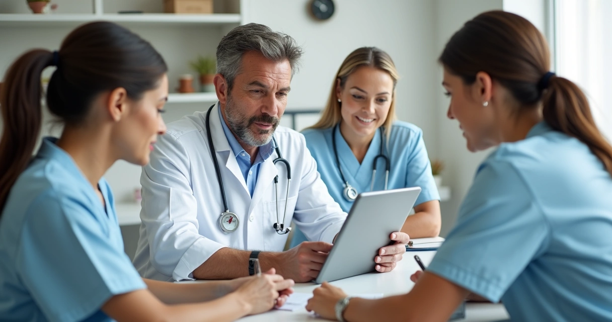 Equipe odontológica em treinamento com tablet na recepção 
