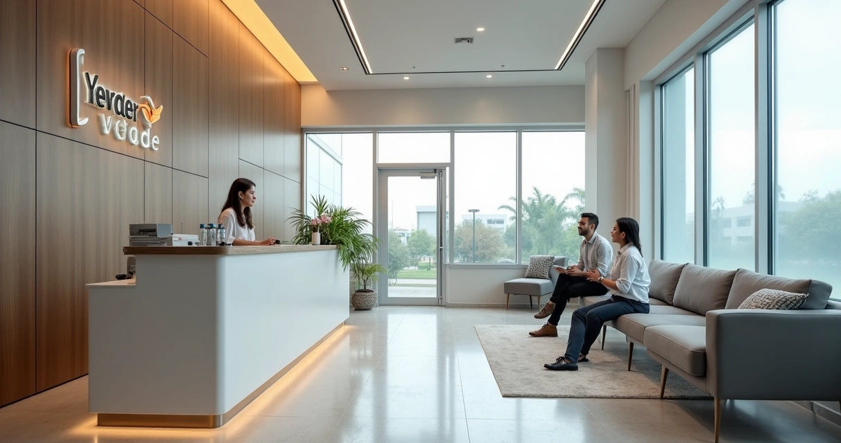 Clínica odontológica moderna com recepção e equipe em atendimento 