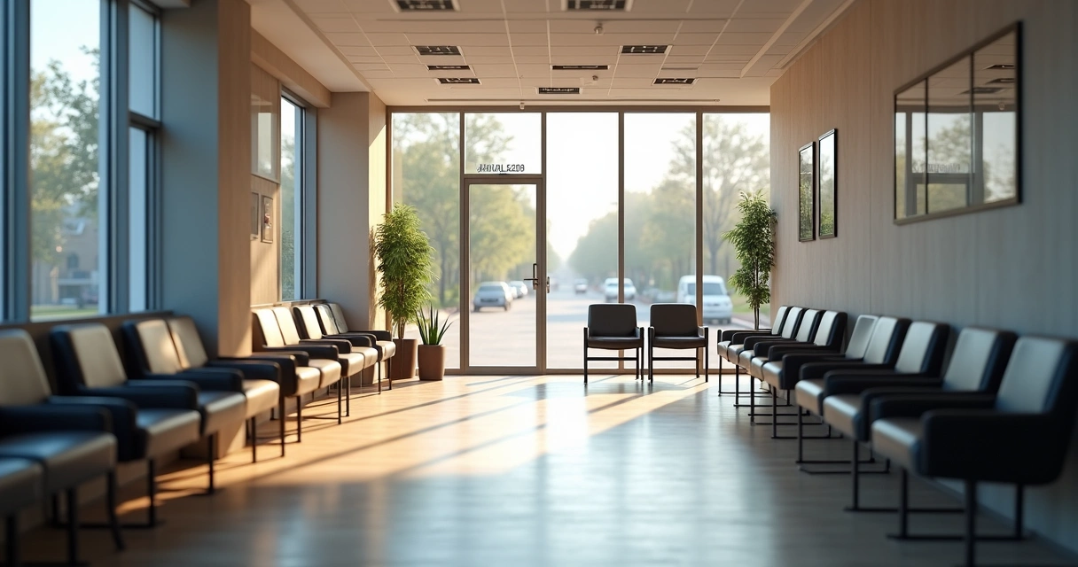 Recepção de clínica odontológica vazia durante o feriado, com cadeiras sem pacientes. 