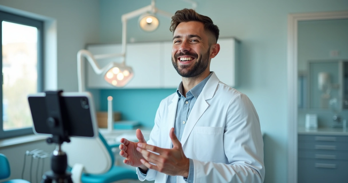 Profissional de odontologia grava vídeo curto em consultório 
