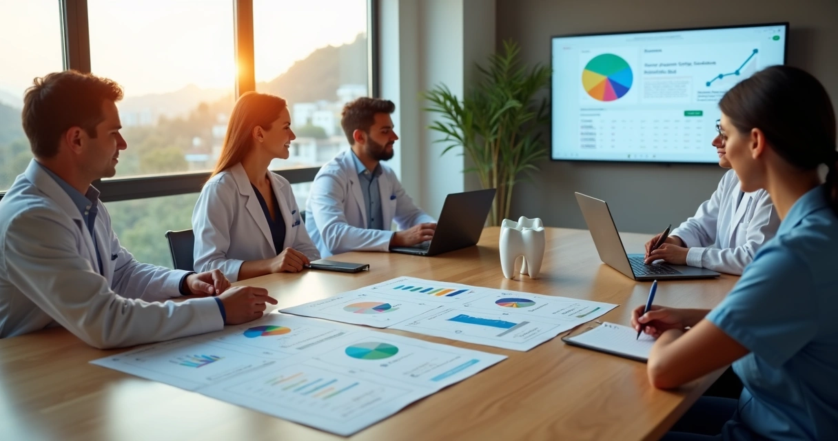 Equipe de clínica odontológica em Vitória da Conquista analisando estratégias de marketing digital em mesa de reunião 