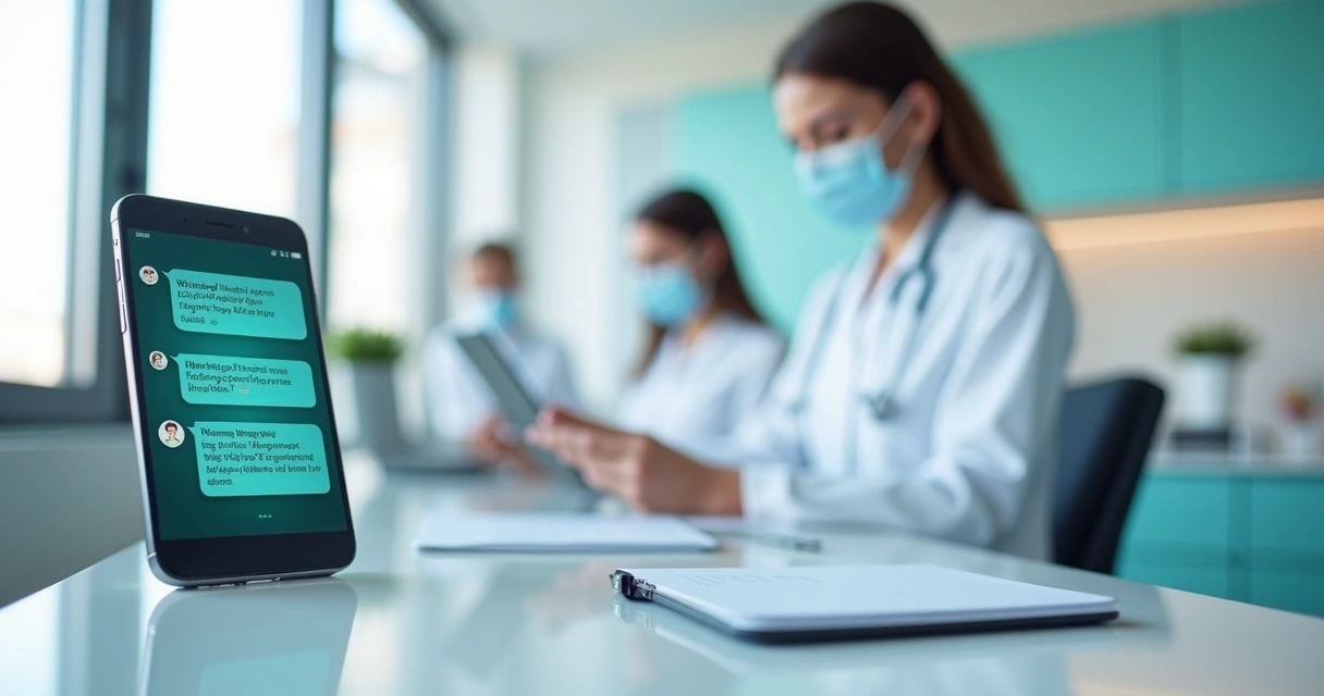 Tela de smartphone exibindo conversas de mensagens automáticas no WhatsApp para clínica odontológica, com dentista e equipe usando tablets ao fundo 