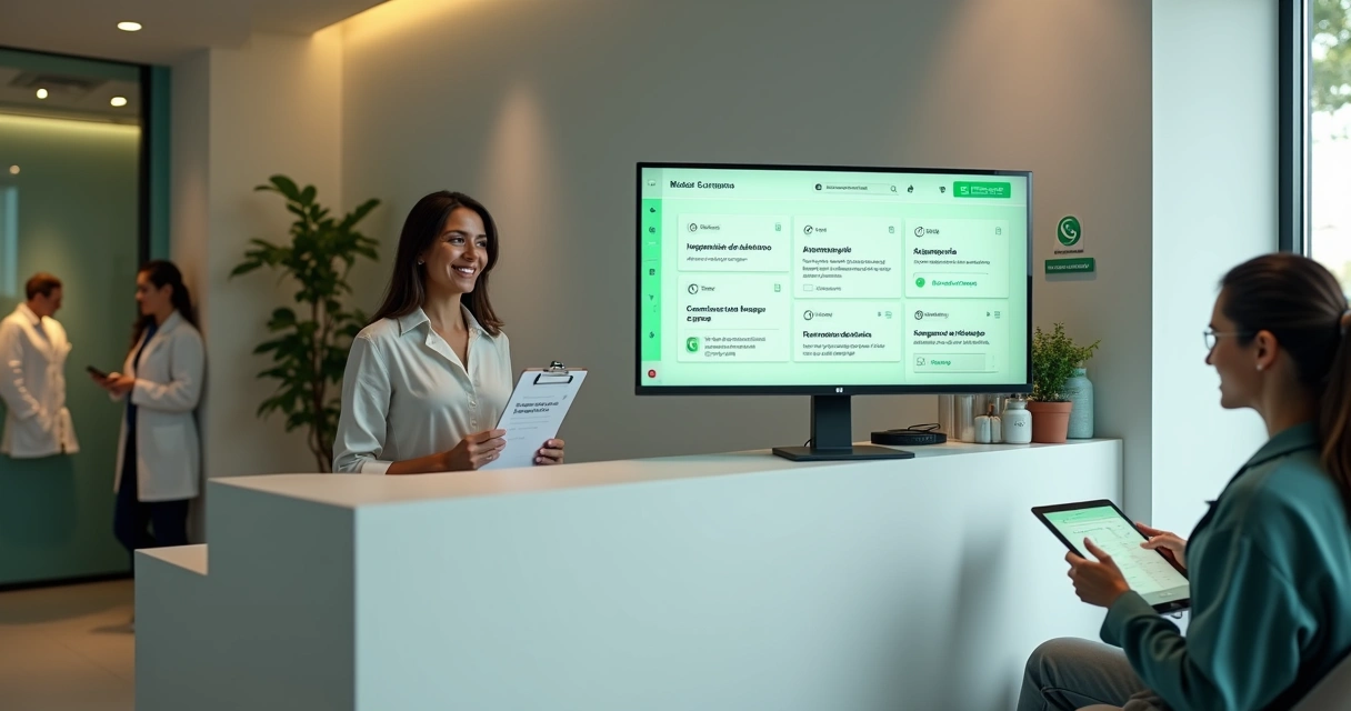 Recepção de clínica odontológica com painel mostrando fluxo automático de mensagens no WhatsApp 