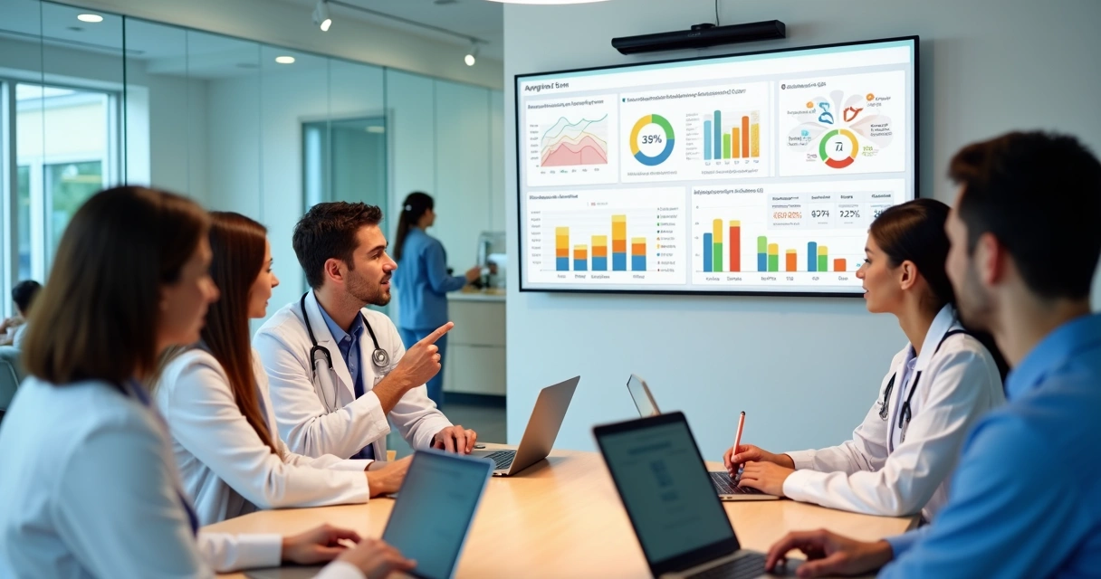 Gestores em clínica de saúde analisando painel de indicadores e agenda de pacientes 