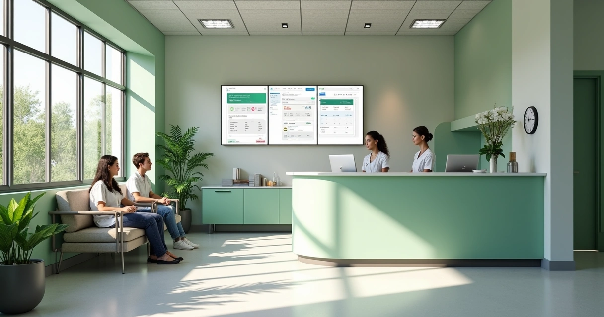 Sala de recepção de clínica moderna com pacientes relaxados, painel digital mostrando agendamentos online.