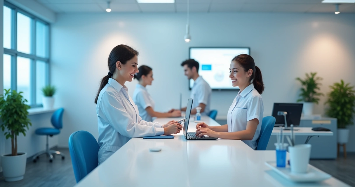 Recepção de clínica odontológica moderna, computadores e ambiente organizado 