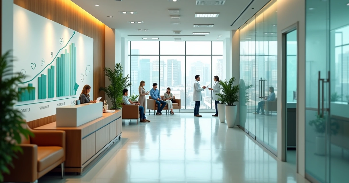 Painel com gráfico de crescimento ao lado de consultório médico visto de cima 