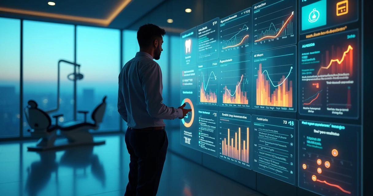 Gestor de clínica observa painel gigante com métricas conectadas a ícones odontológicos 