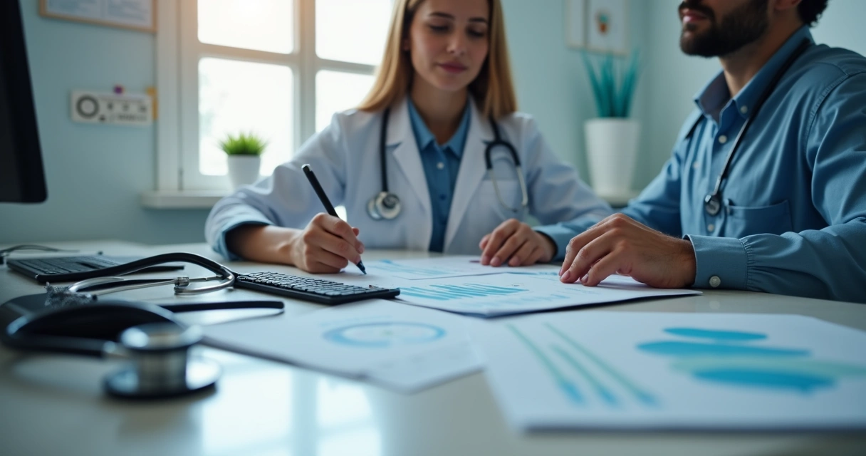 Gestor financeiro em pequena clínica analisando relatórios 