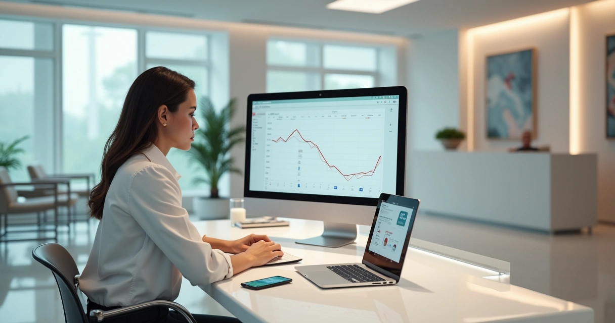 Gestora de clínica observando agenda vazia em frente ao computador 