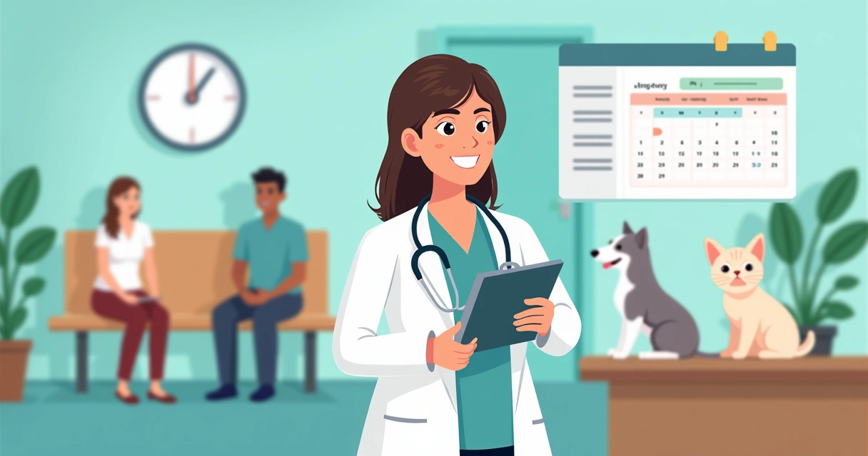 Veterinária usando sistema digital em tablet e tutores de pets ao fundo 