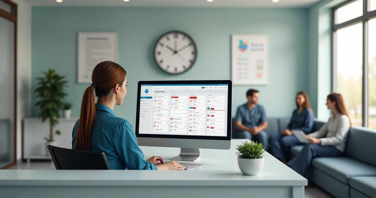 Recepcionista em clínica de psicologia conferindo agenda de consultas em computador moderno com pacientes aguardando atendimento 
