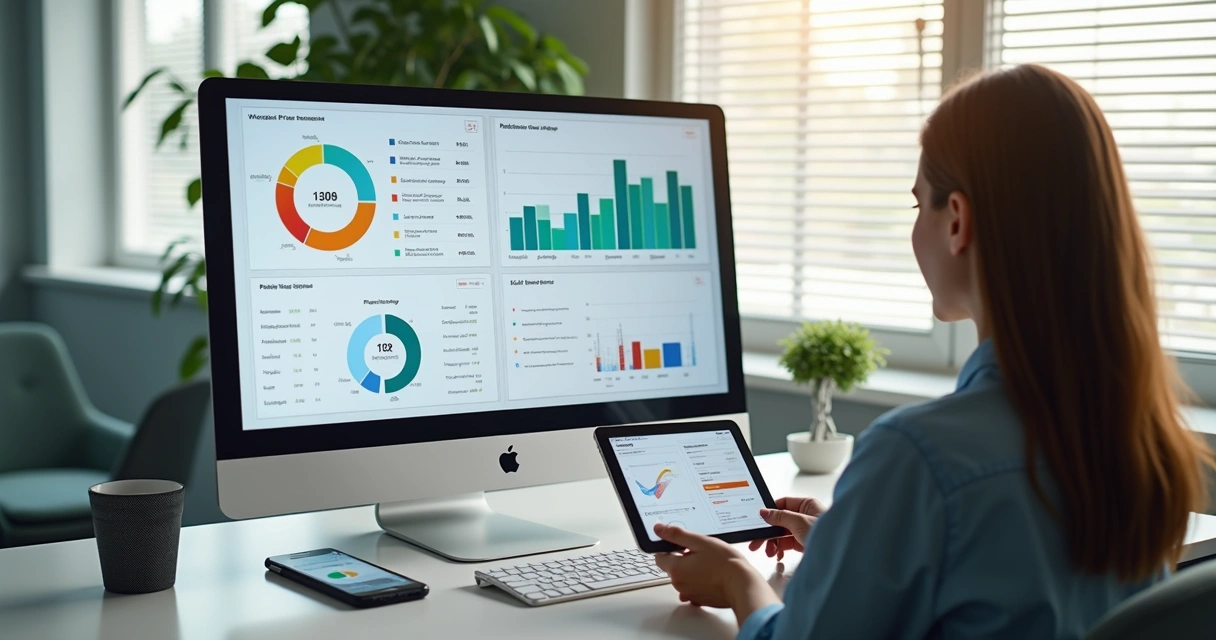 Sala de consultório de psicologia moderna com computador exibindo gráficos de indicadores de desempenho e agenda digital 