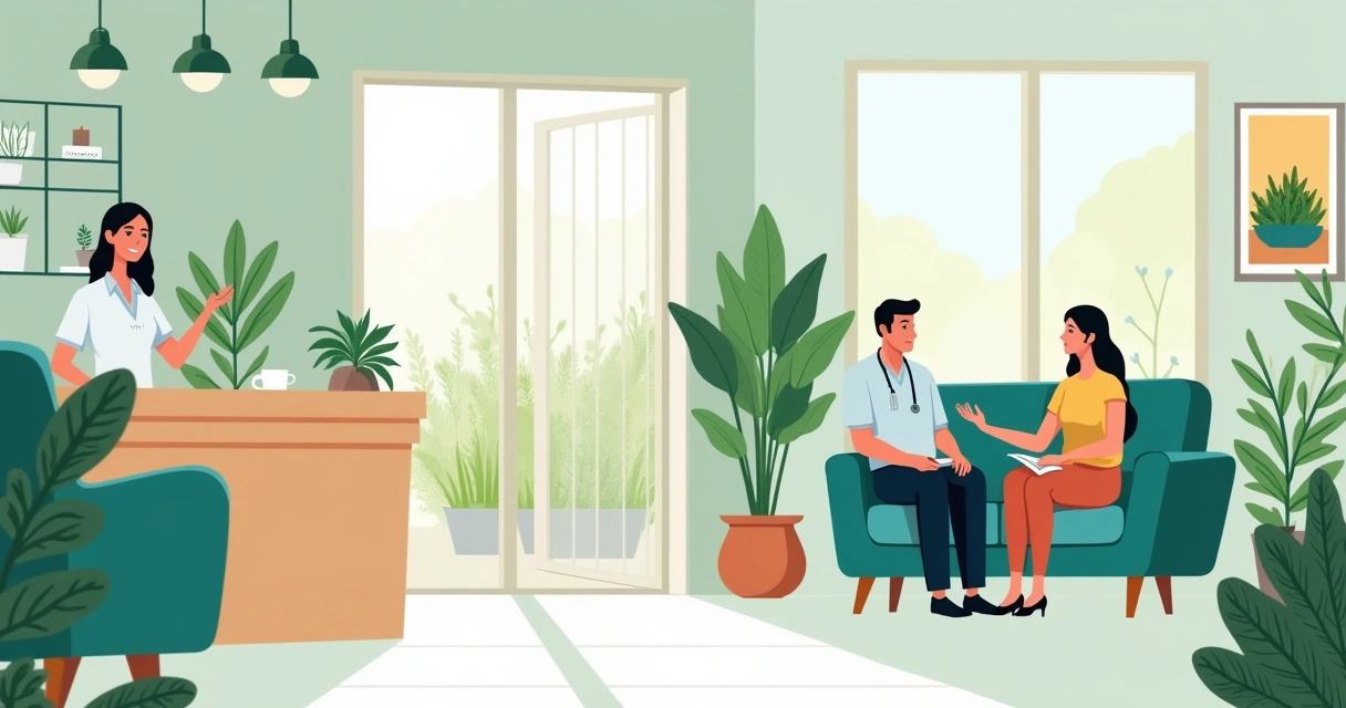 Clínica psiquiátrica acolhedora com recepção, sala de espera confortável e terapeuta atendendo paciente.