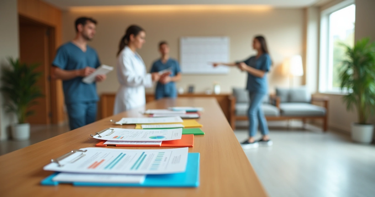 Equipe de clínica revisando pastas coloridas de pacientes na recepção 