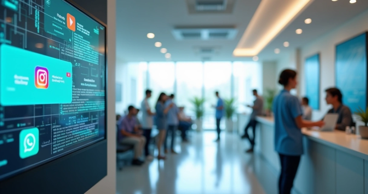 Recepcionista de clínica com painel digital de mensagens automatizadas 