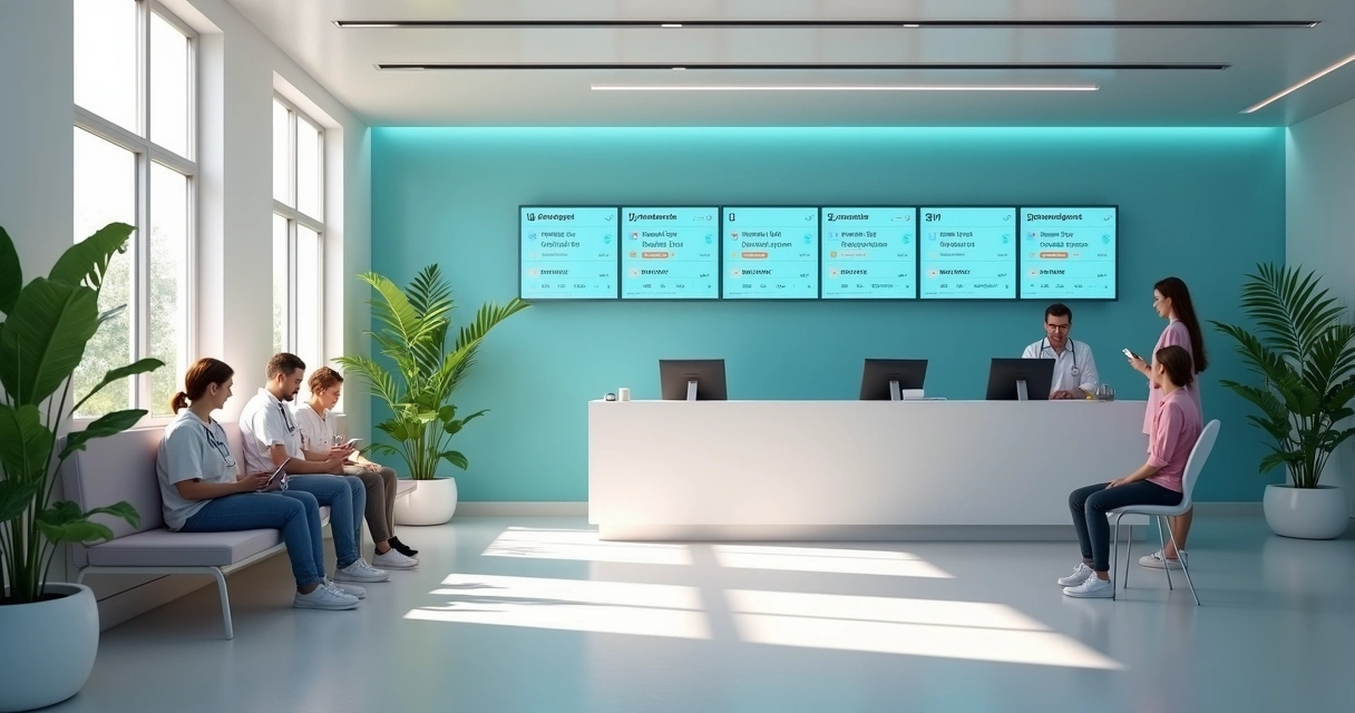 Recepção de uma clínica moderna com tecnologias digitais e pacientes esperando 