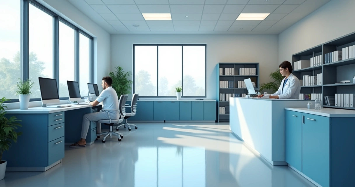 Interior de clínica médica moderna com recepção organizada e profissionais trabalhando.