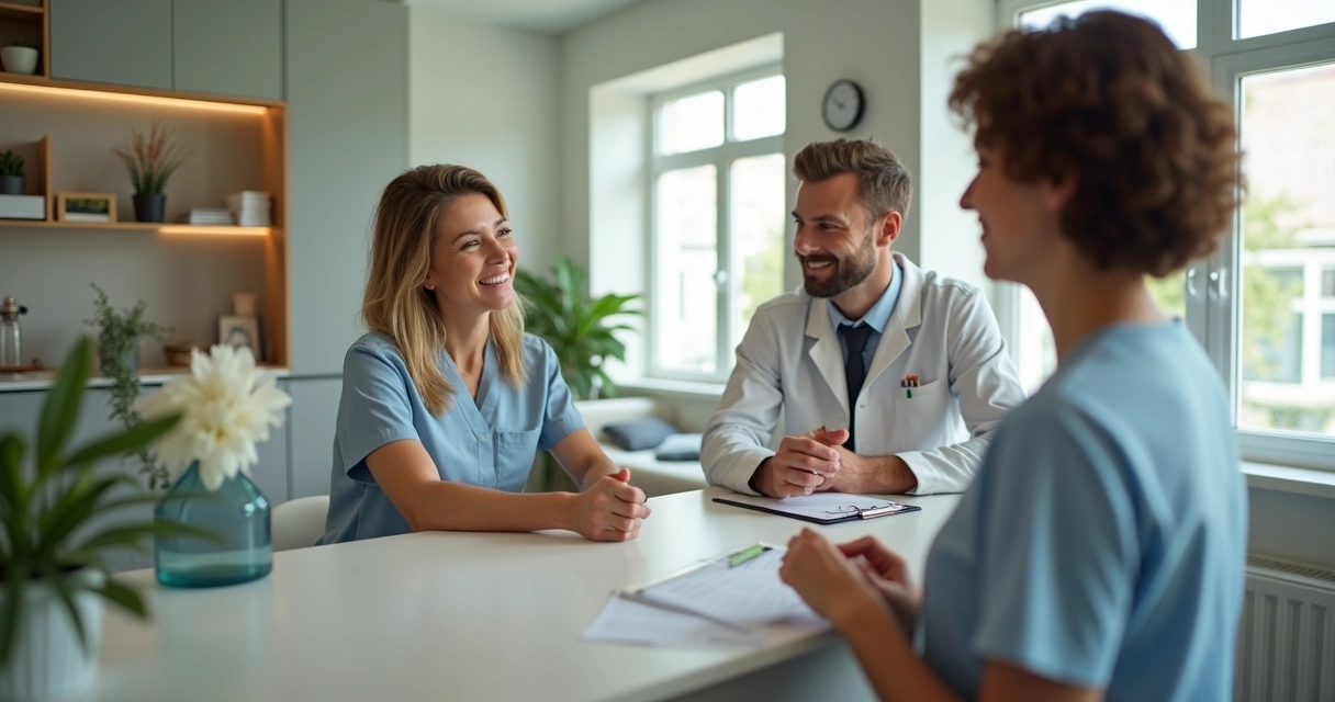 Recepcionista de clínica conversando com pacientes na recepção 