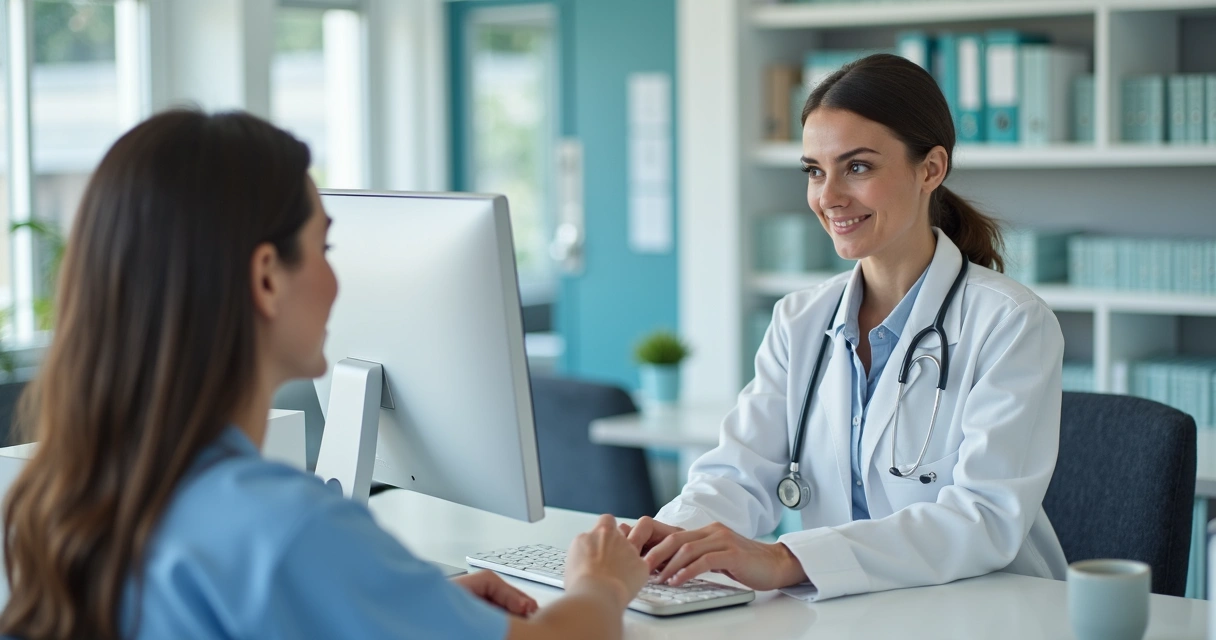 Recepcionista de clínica atendendo paciente em mesa com computador, ambiente organizado 