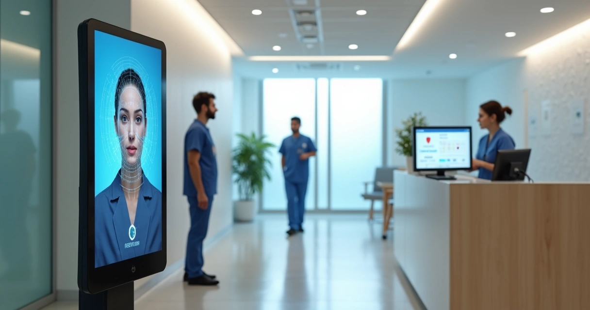 Recepção de clínica usando reconhecimento facial em totem digital 
