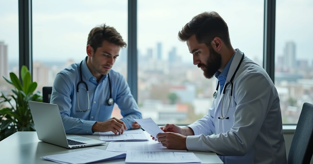 Profissional da saúde trabalhando com documentos fiscais em clínica moderna 