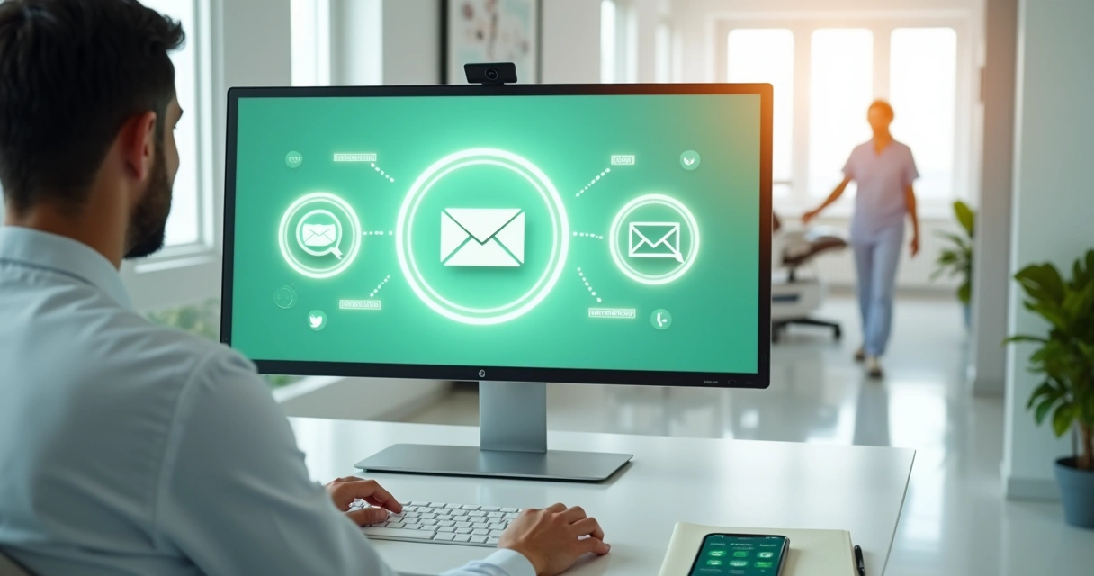 Dentista em clínica usando computador com ícones de WhatsApp SMS e e-mail na tela 