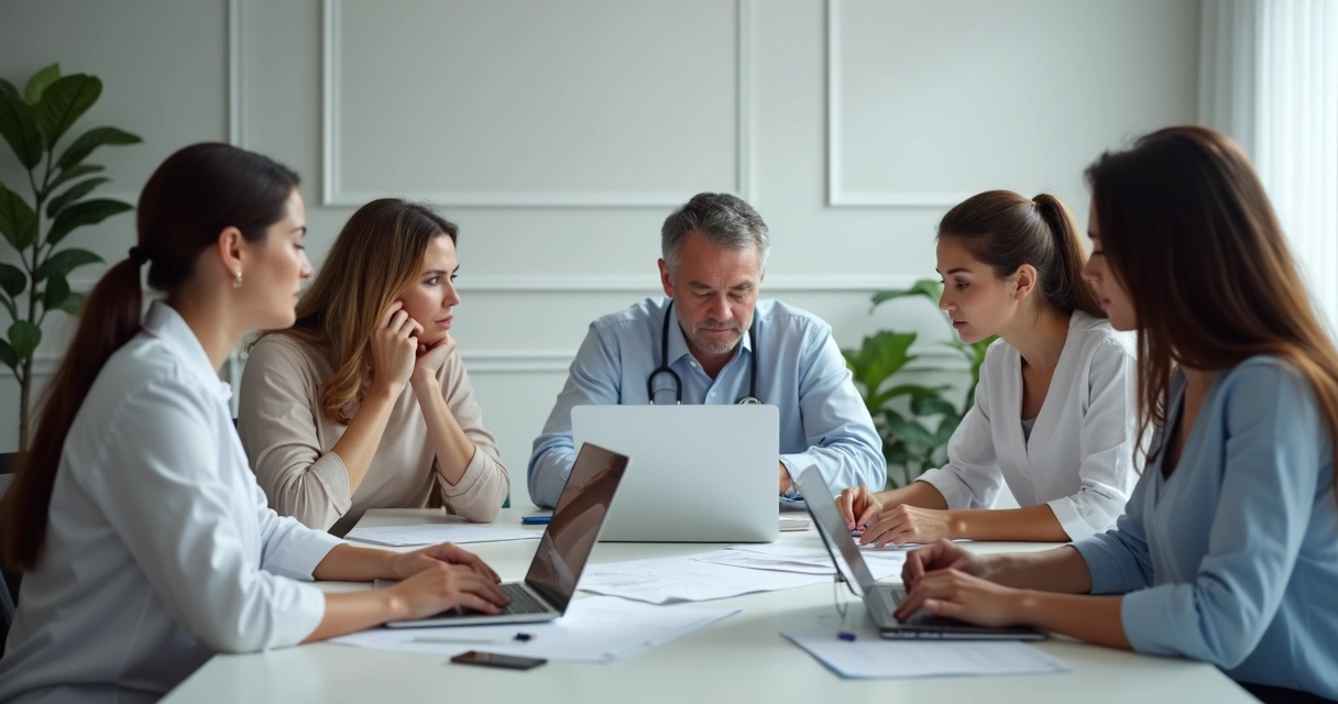 Reunião de profissionais em clínica discutindo contabilidade e documentos