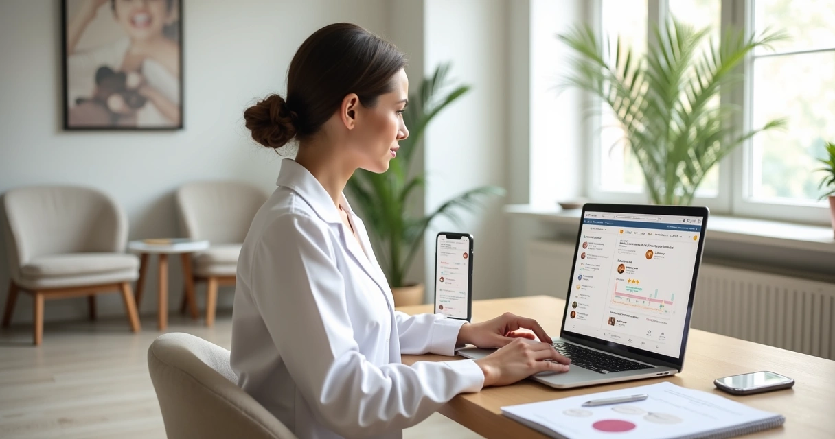 Gestora de clínica analisando avaliações de pacientes no notebook em consultório moderno 