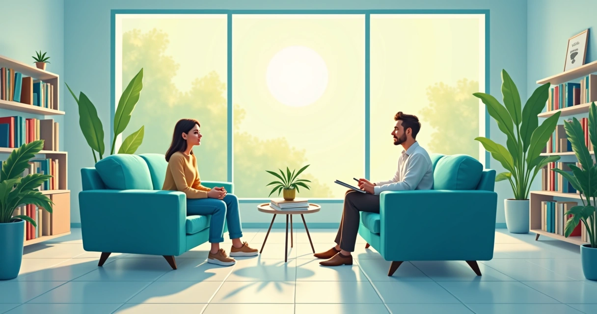 Ilustração da Clínica Rubedo mostrando um ambiente acolhedor com sofás, plantas, e um terapeuta escutando um paciente.