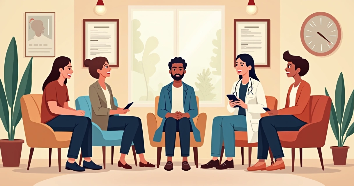 Ilustração de uma equipe de profissionais de saúde mental em uma clínica acolhedora, conversando com um paciente.