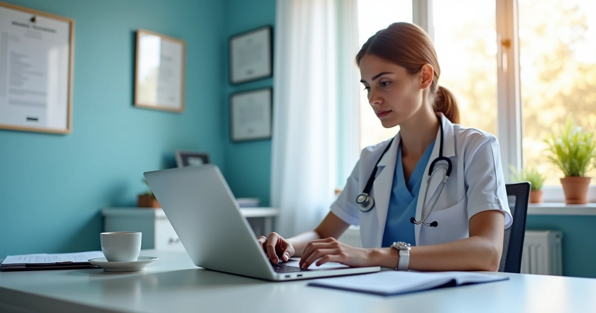 Profissional da saúde em clínica preenchendo guia DAS em notebook 