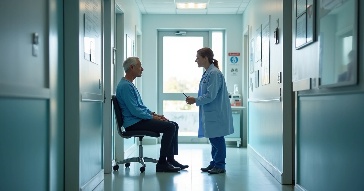 Profissional da saúde conversando com paciente em clínica 