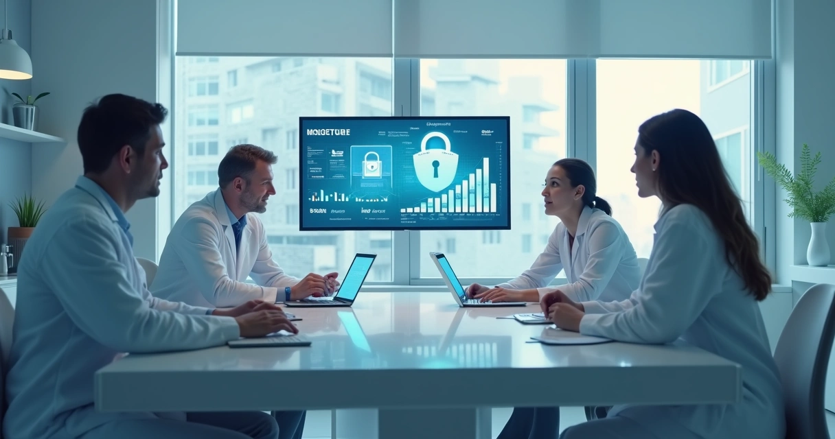 Equipe médica em clínica administrando dados digitais com segurança 