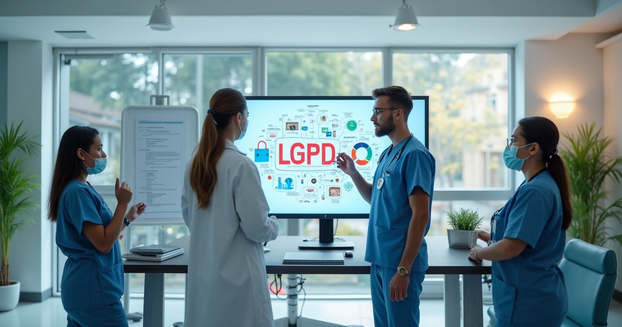 Médico e equipe conferindo computador com gráficos de segurança de dados numa clínica moderna 