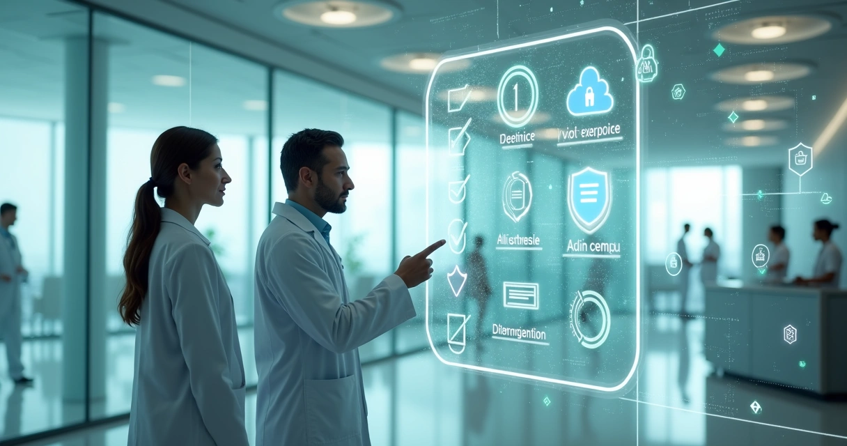 Equipe de clínica médica revisa checklist de segurança digital em painel com inteligência artificial 