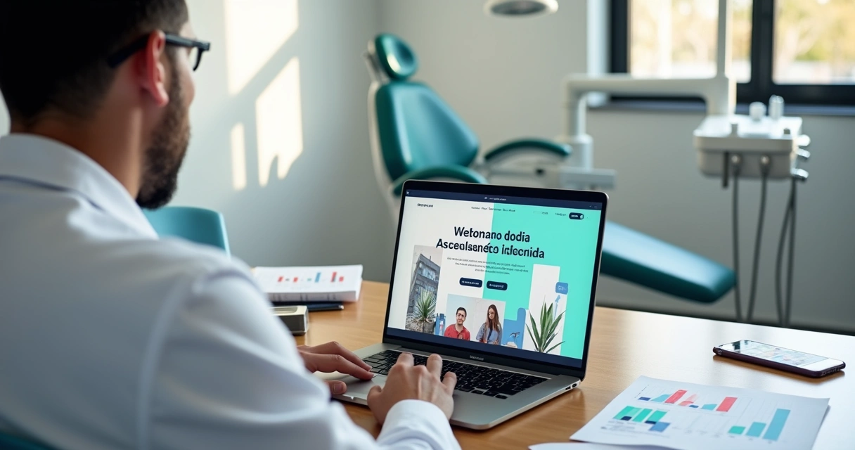 Dentista comparando site antigo e novo da clínica em notebook 