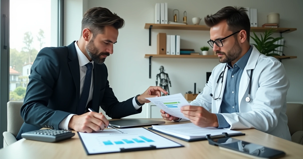 Sócio investidor e médico discutindo distribuição de lucros em clínica moderna 