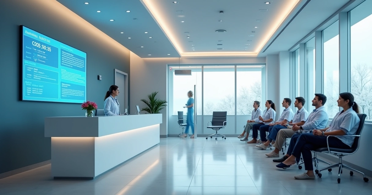 Clínica de saúde moderna atendendo pacientes com painel CNES.