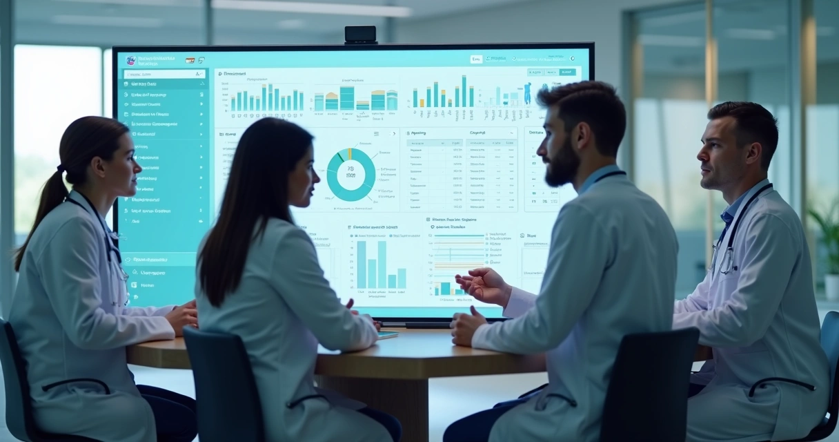 Equipe médica usando sistema de gestão digital em clínica moderna 