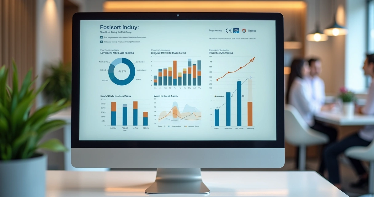 Consultório moderno com computador exibindo gráficos de marketing digital e inteligência artificial 