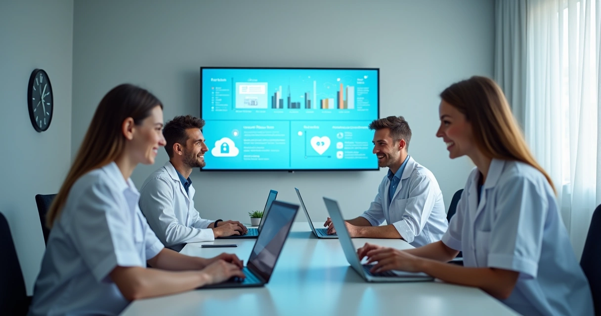 Equipe de clínica médica reunida à mesa, computadores abertos, discutindo integração de sistemas em ambiente moderno 