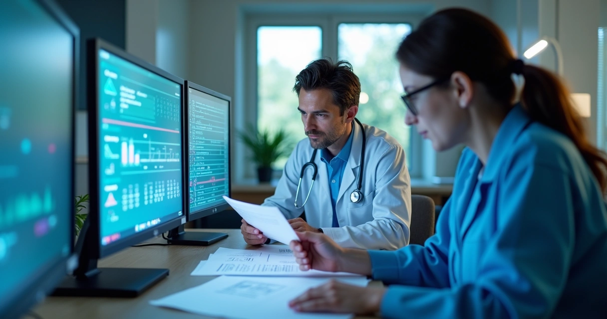 Equipe de atendimento analisando processos TISS em telas de computador e documentos, em ambiente de clínica 