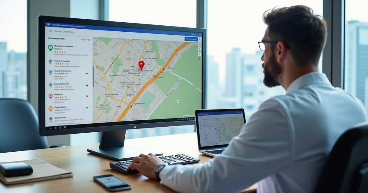 Dentista olhando mapa do Google em tela grande com clínica destacada no topo 