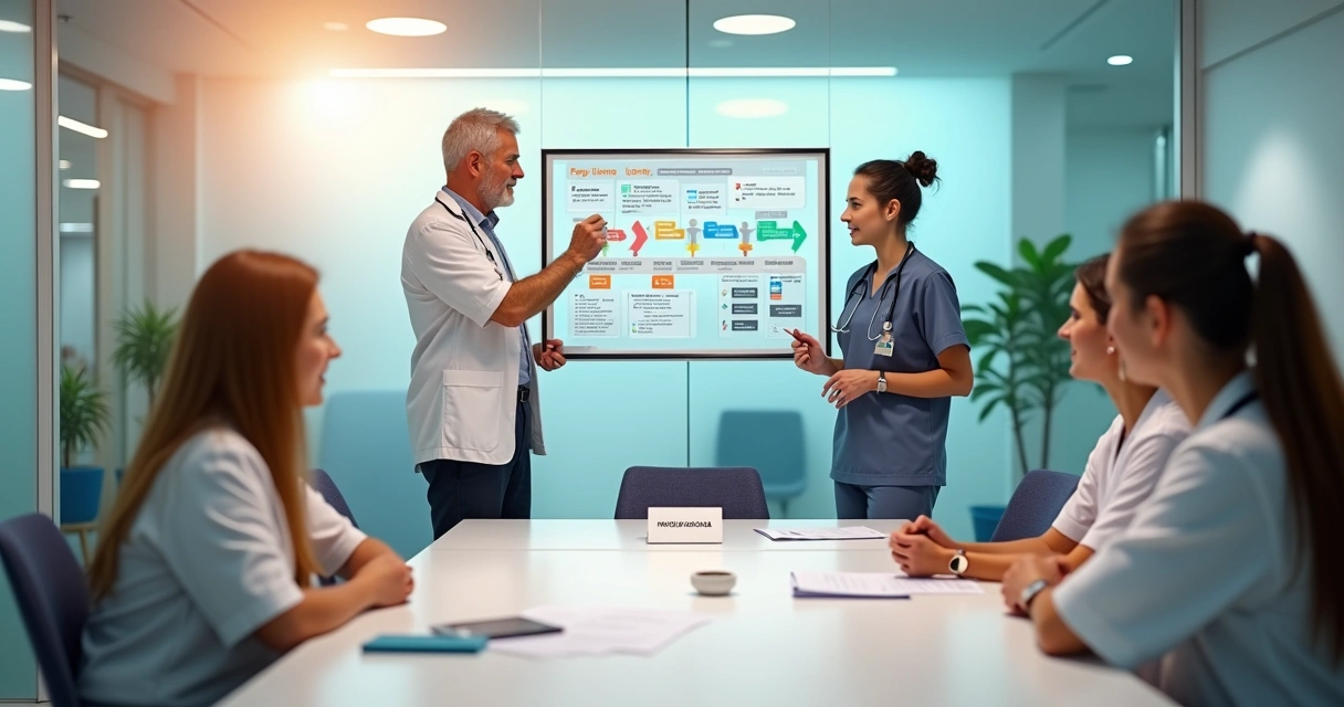 Gestor de clínica apontando para painel com jornada do paciente e automação 