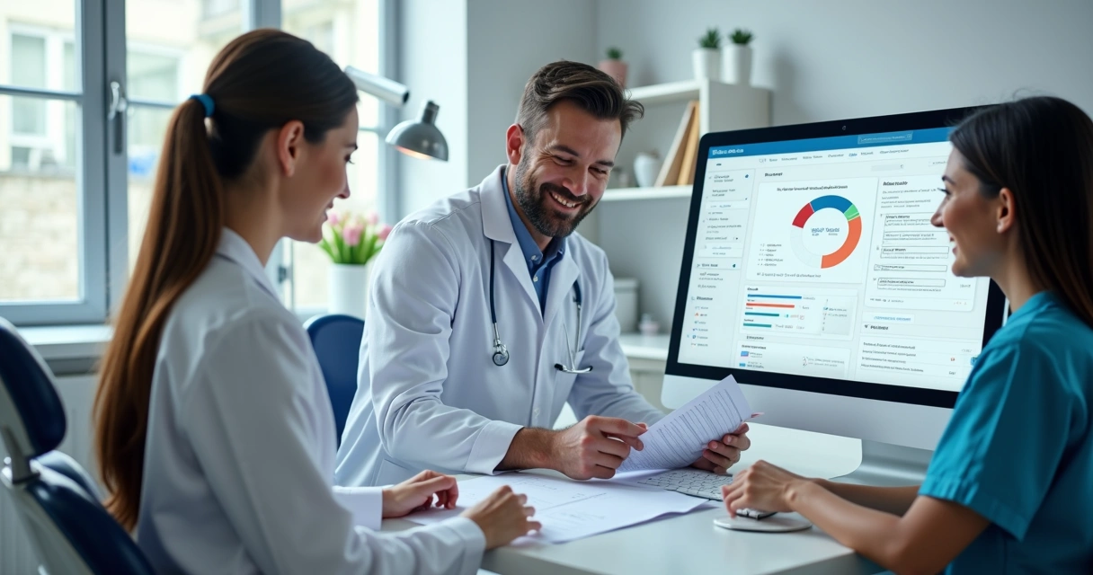 Dentista e equipe usando computador e papéis juntos durante transição digital na clínica 