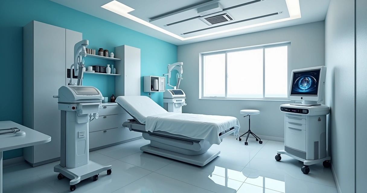 Sala de clínica moderna com equipamentos para tratar varizes 